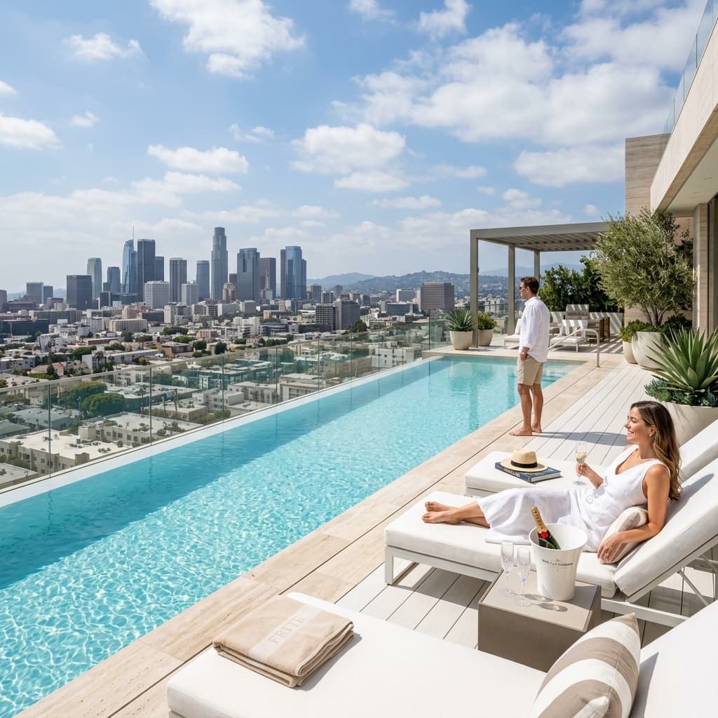 Luxury residential pool terrace overlooking the coast