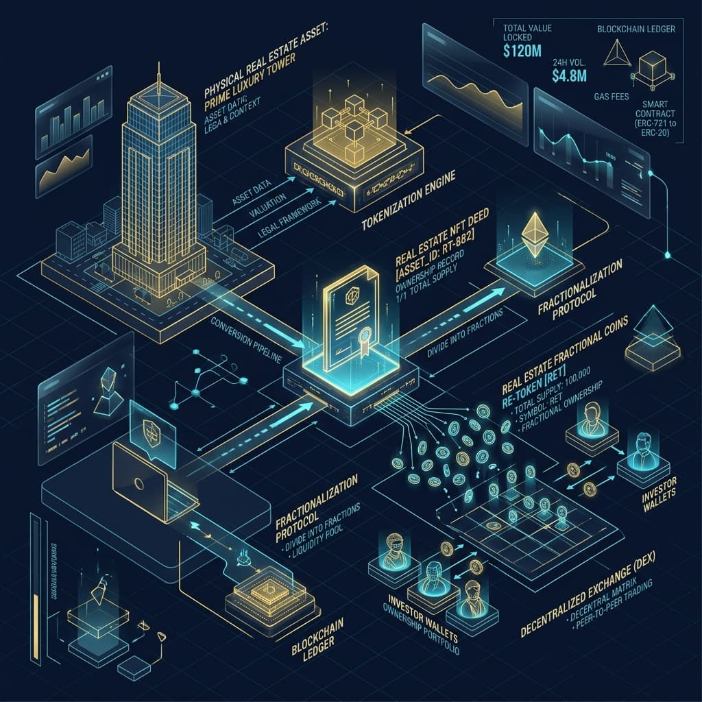 Detailed technical schematic demonstrating the Hyperion protocol flow: from physical real estate asset, through the legal ERC721 deed framing, into fractional ERC20 distribution.
